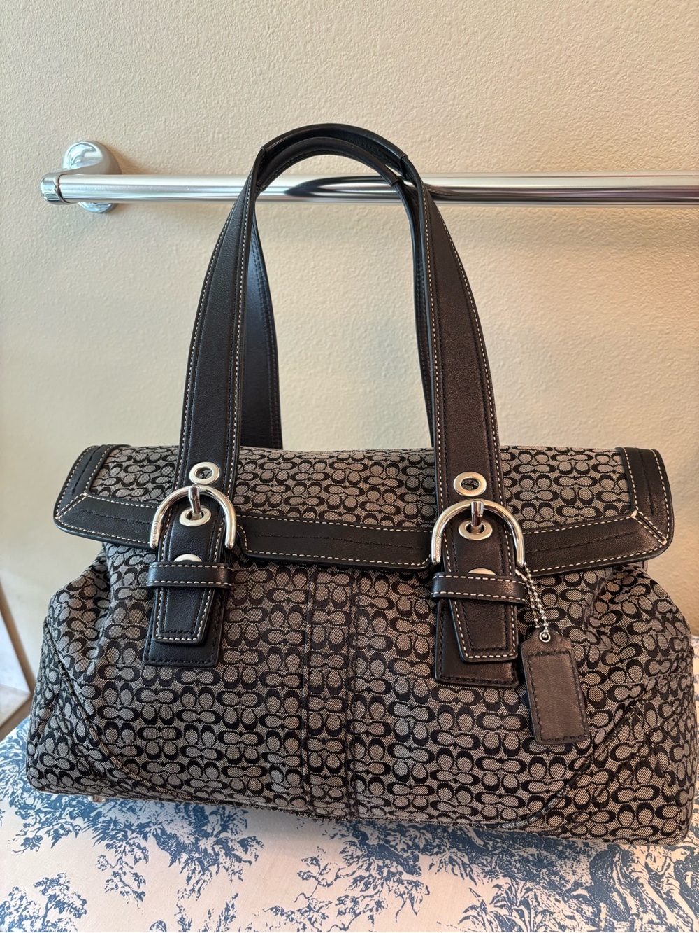 Coach Soho Black and Gray Signature C Canvas Pattern Shoulder Bag